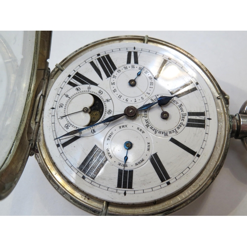 8124 - A silver cased goliath pocket watch with full calendar and moonphase subsidiary dials, includes a di... 