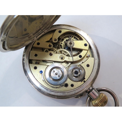 8124 - A silver cased goliath pocket watch with full calendar and moonphase subsidiary dials, includes a di... 