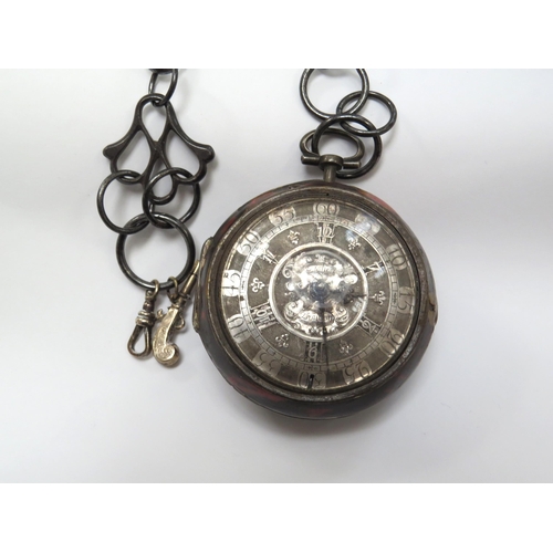 8122 - An early 18th Century silver and tortoise shell pair cased pocket watch, the outer tortoise shell ca... 