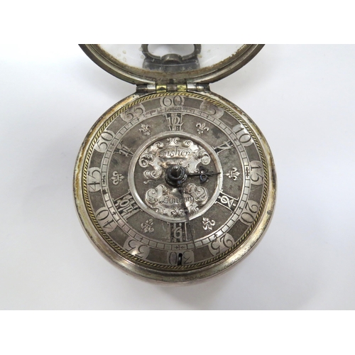 8122 - An early 18th Century silver and tortoise shell pair cased pocket watch, the outer tortoise shell ca... 