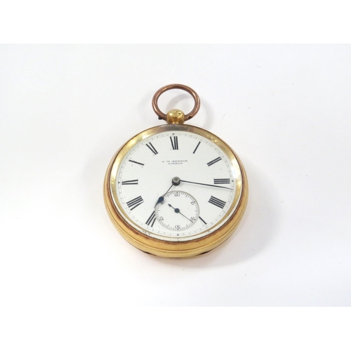 8137 - An 18ct gold cased open face pocket watch by J.W. Benson of London, in associated box, the white ena... 