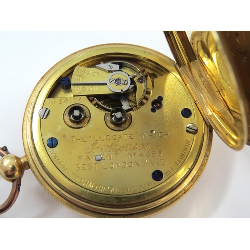 8137 - An 18ct gold cased open face pocket watch by J.W. Benson of London, in associated box, the white ena... 