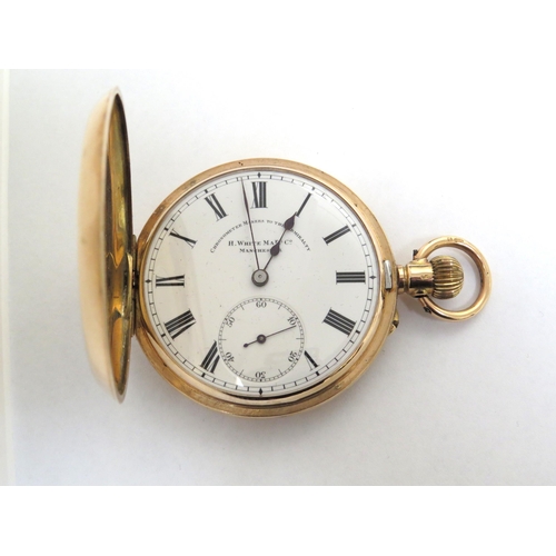 8135 - A 'H White Manufacturing Co. of Manchester' 12ct gold cased half hunter pocket watch, white Roman di... 