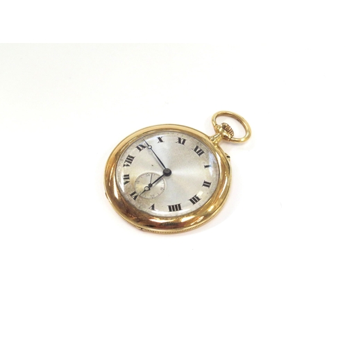 8133 - An 18ct gold cased Art Deco style open faced pocket watch, silvered Roman dial having a subsidiary d... 