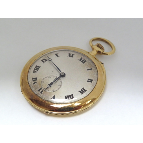 8133 - An 18ct gold cased Art Deco style open faced pocket watch, silvered Roman dial having a subsidiary d... 