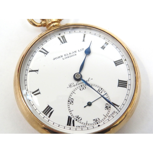 8131 - A 9ct gold cased John Elkan 'Colonial' open faced pocket watch, white Roman dial with blued steel ha... 