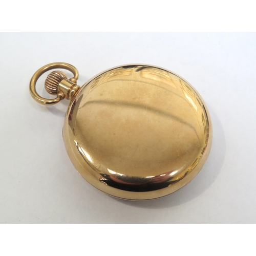 8131 - A 9ct gold cased John Elkan 'Colonial' open faced pocket watch, white Roman dial with blued steel ha... 