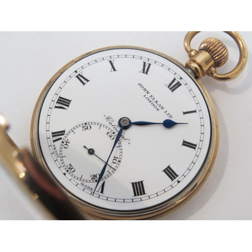 8131 - A 9ct gold cased John Elkan 'Colonial' open faced pocket watch, white Roman dial with blued steel ha... 