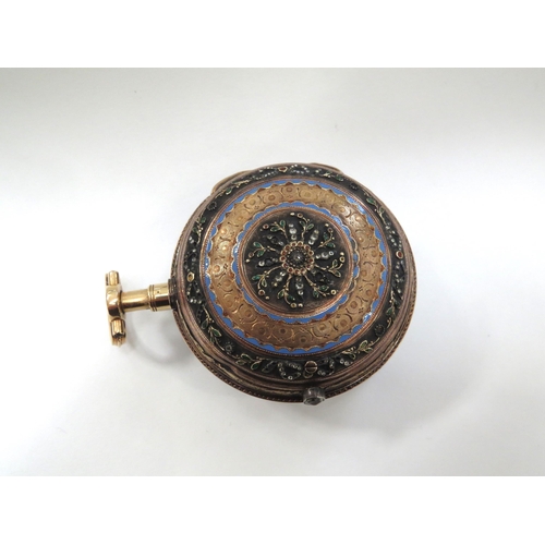 8125 - An early 18th Century continental gold pair cased repeating pocket watch, with enamelled Roman dial,... 