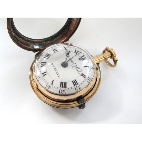 8125 - An early 18th Century continental gold pair cased repeating pocket watch, with enamelled Roman dial,... 