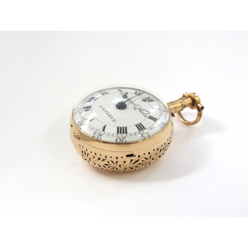 8125 - An early 18th Century continental gold pair cased repeating pocket watch, with enamelled Roman dial,... 