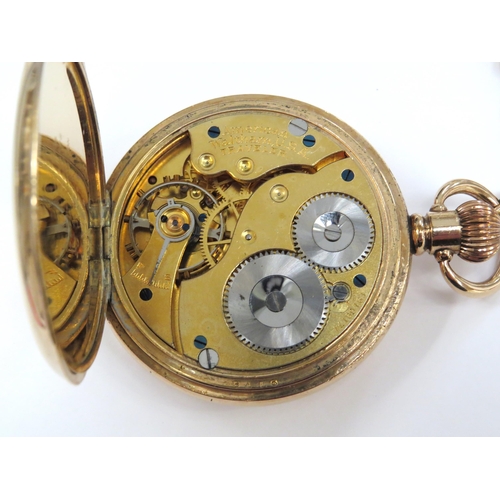 8128 - A gold plated half hunter pocket watch on chain with silver Albert, movement signed American Waltham... 