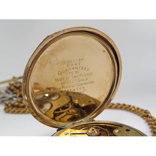 8128 - A gold plated half hunter pocket watch on chain with silver Albert, movement signed American Waltham... 