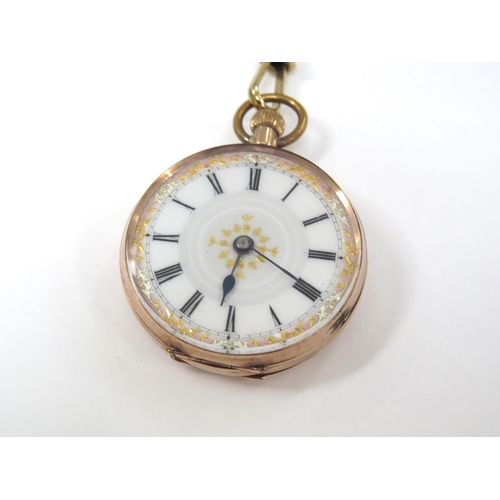 8136 - A small 9ct gold cased pocket watch, Roman numeral dial with engraved back plate, with chain and T-b... 