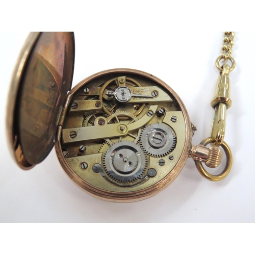 8136 - A small 9ct gold cased pocket watch, Roman numeral dial with engraved back plate, with chain and T-b... 