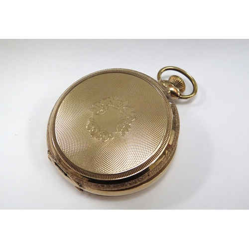 8126 - A gold plated full hunter pocket watch, engine turned decoration case, white Arabic numeral dial sig... 