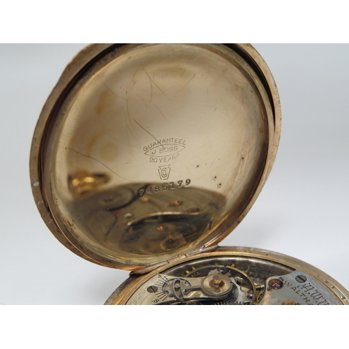 8126 - A gold plated full hunter pocket watch, engine turned decoration case, white Arabic numeral dial sig... 