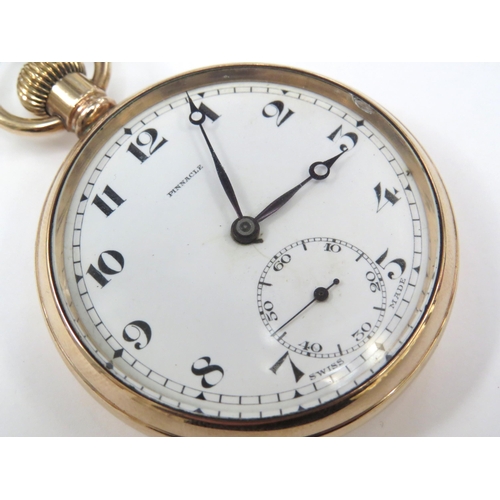 8130 - A gold plated 'Pinnacle' pocket watch, white Arabic dial with blued hands and subsidiary dial, with ... 