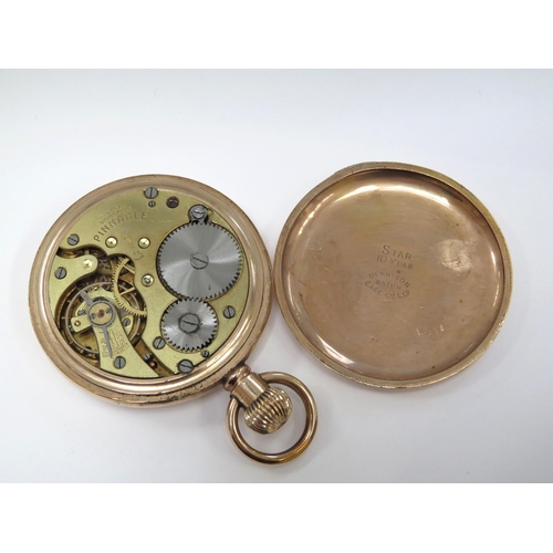 8130 - A gold plated 'Pinnacle' pocket watch, white Arabic dial with blued hands and subsidiary dial, with ... 