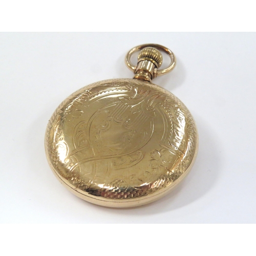 8129 - A gold plated open faced pocket watch, white Arabic dial signed 'Waltham', blued hands with subsidia... 