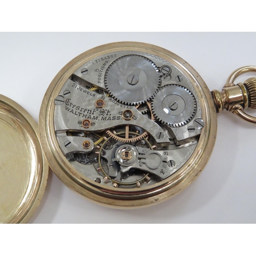 8129 - A gold plated open faced pocket watch, white Arabic dial signed 'Waltham', blued hands with subsidia... 