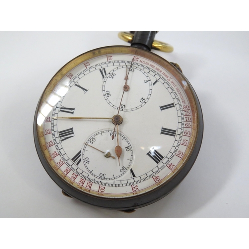 8120 - A steel cased open face chronograph pocket watch, the white Roman dial with gilt hands, outer 'miler... 