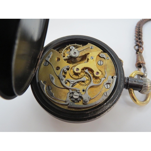 8120 - A steel cased open face chronograph pocket watch, the white Roman dial with gilt hands, outer 'miler... 