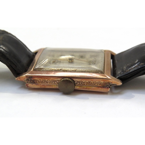 8145 - An Art Deco 9ct rose gold cased wristwatch, worn rectangular form Arabic numeral dial, with subsidia... 