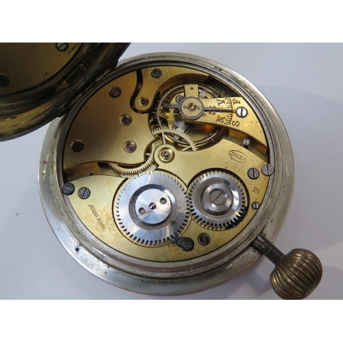 8119 - An open face pocket watch, movement stamped Doxa, with white Roman numeral dial, the watch crown sit... 