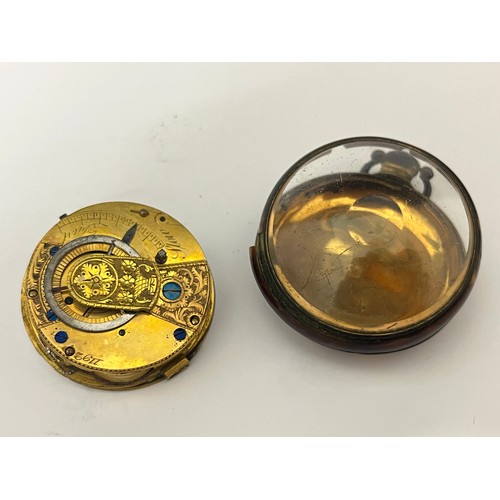 5237 - An 18th Century tortoiseshell cased pocket watch, enamelled Arabic dial (a/f) with yellow metal spad... 