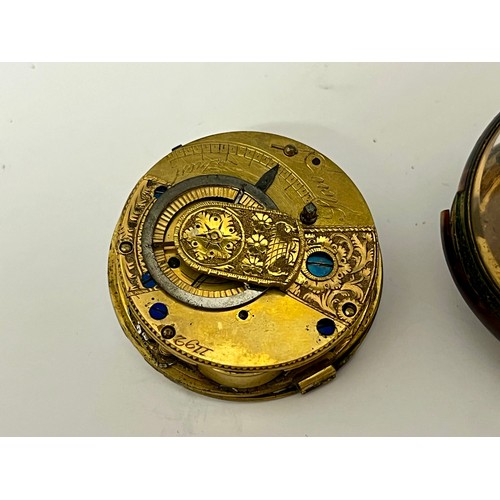 5237 - An 18th Century tortoiseshell cased pocket watch, enamelled Arabic dial (a/f) with yellow metal spad... 