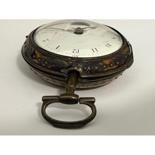 5239 - WILLIAM ROSE OF LONDON: An 18th Century Piqué work pair cased pocket watch with pictorial scene, rea... 