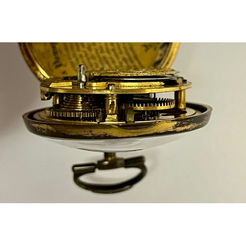 5239 - WILLIAM ROSE OF LONDON: An 18th Century Piqué work pair cased pocket watch with pictorial scene, rea... 