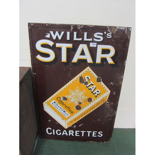 7027 - An enamel sign; Wills Star Cigarettes, brown background, illustrated with packet, 61cm x 92cm