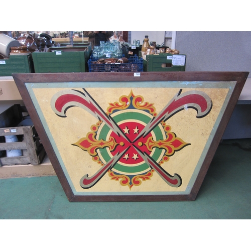 7053 - A tin painted fairground panel in metal frame, 152cm x 94cm