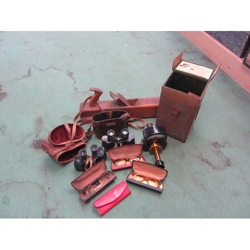 7073 - Two pairs of binoculars, cased pyrometer etc