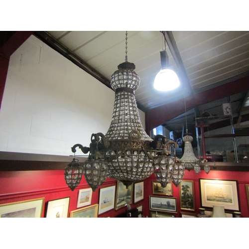 4407 - A pair of crystal glass multi-sconce gilt metal ceiling chandeliers, each missing one sconce, approx... 