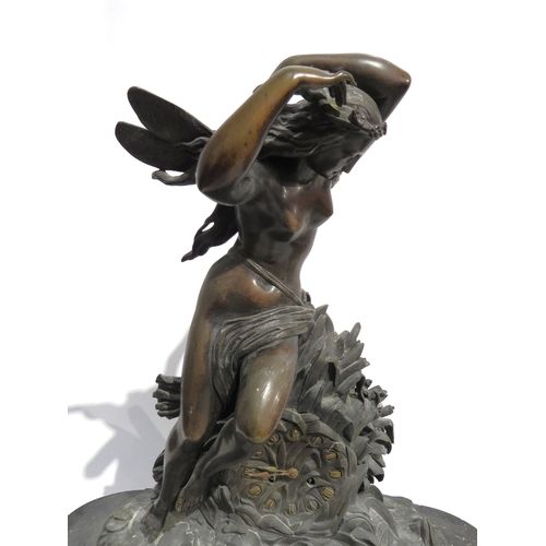 8054 - A large 19th Century French figural form bronze mantel clock depicting fairy by a bush, Roman numera... 