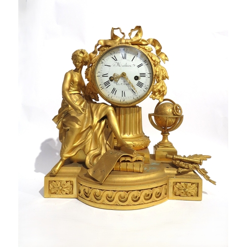 8048 - An early 19th Century French gilt metal mantel clock depicting Urania, white enamel Roman numeral di... 