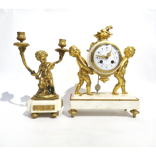 8057 - A 19th Century Louis XVI style white marble and ormolu/gilt metal mantel clock, the marble surrounde... 