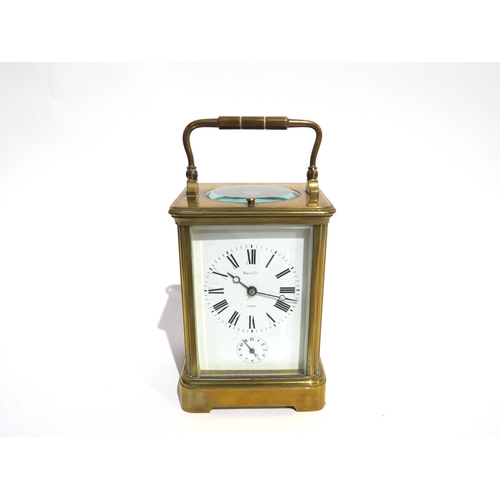 8101 - A French Hall & Co. brass cased carriage timepiece in travel case, white Roman dial signed 'Hall & C... 