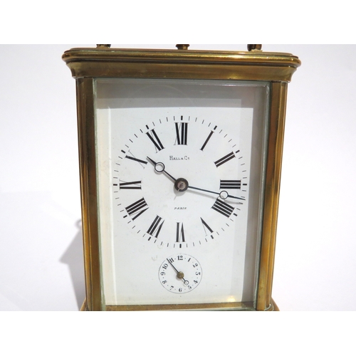 8101 - A French Hall & Co. brass cased carriage timepiece in travel case, white Roman dial signed 'Hall & C... 