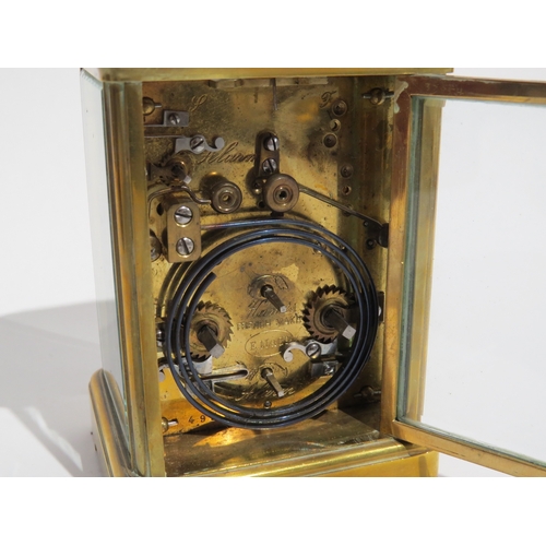 8101 - A French Hall & Co. brass cased carriage timepiece in travel case, white Roman dial signed 'Hall & C... 