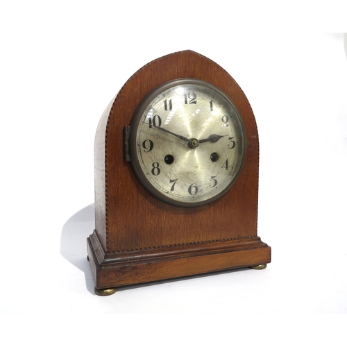 8072 - A German arched top chiming mantel clock with parquetry outline to front, silvered Arabic dial (scra... 