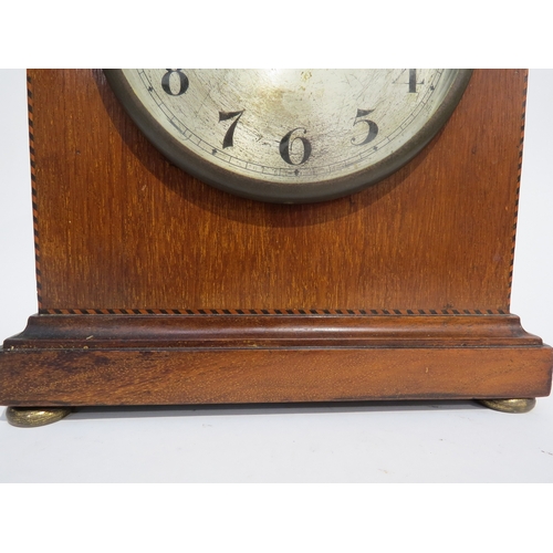 8072 - A German arched top chiming mantel clock with parquetry outline to front, silvered Arabic dial (scra... 