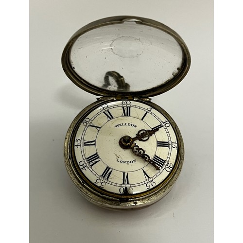 5236 - WELDON OF LONDON: An 18th Century silver and tortoiseshell triple cased pocket watch. The outer case... 