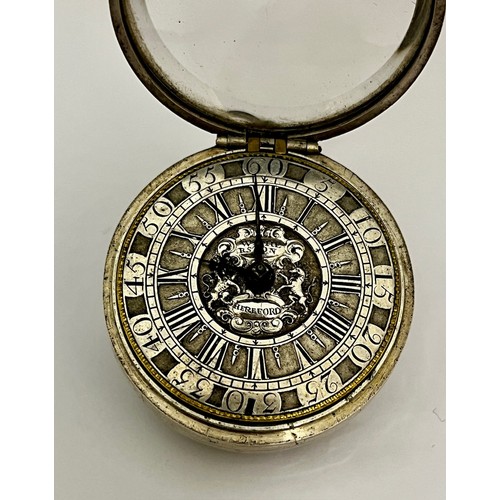 5268 - WITHERSTON OF HEREFORD: A late 17th/early 18th Century silver pair cased pocket watch. The silver di... 