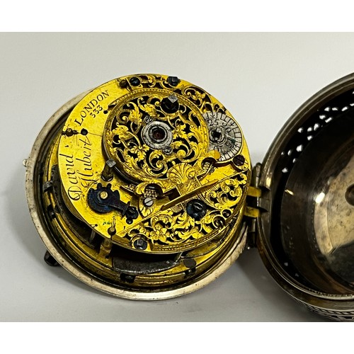 5280 - D. HUBERT OF LONDON: A late 17th/early 18th Century silver pair cased pocket watch with alarm. The o... 