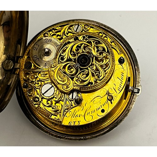 5212 - SIGNED ALEX CUMMING, LONDON: An 18th Century silver pair cased pocket watch. The outer case with emb... 