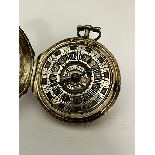 5279 - JOHN MASTERS OF LONDON: A late 17th/early 18th Century silver front-opening pocket watch. The silver... 